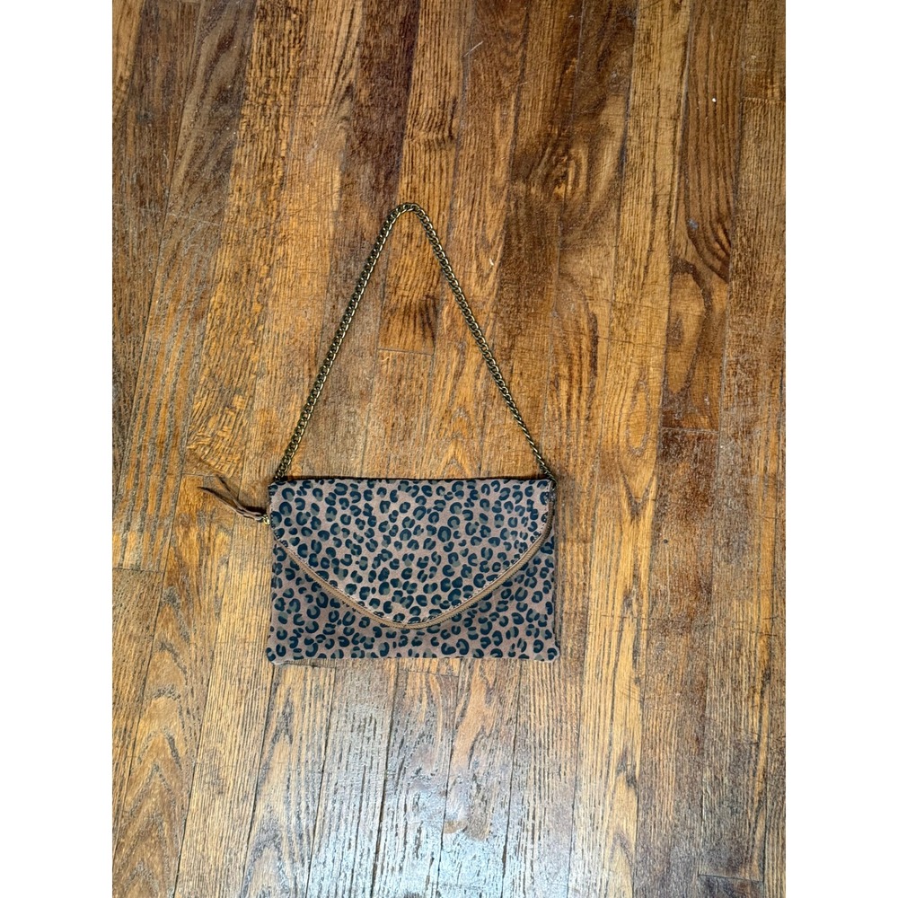 J Crew Leopard Envelope Clutch Crossbody Purse Brass Strap Shoulder Bag